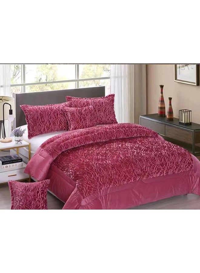 Dream Bell - 6-Piece Rose Fur King Comforter Set Cotton Dark Pink - Image 1
