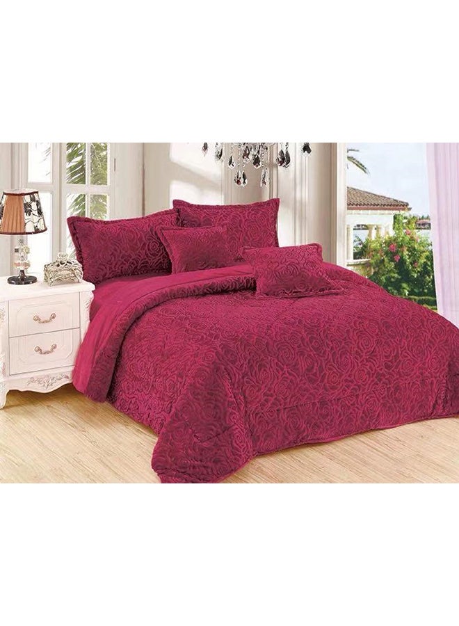 Dream Bell - 6-Piece Rose Fur King Comforter Set Cotton Maroon - Image 1