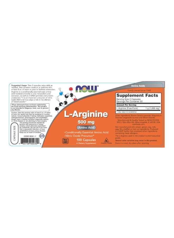 L-arginine Amino Acid 500mg - 100 Capsules