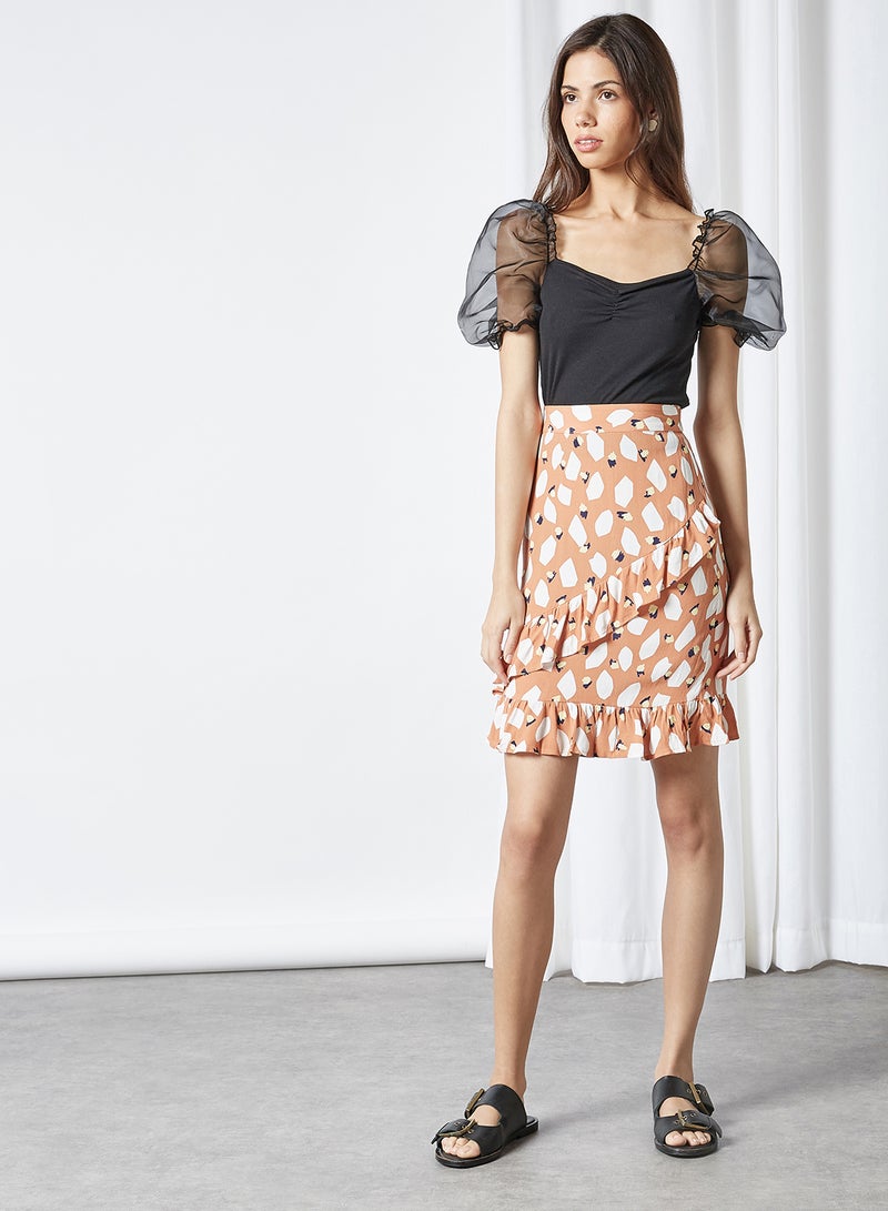 PIECES - All Over Pattern Ruffle Detailed Skirt Sunburn White - Image 1