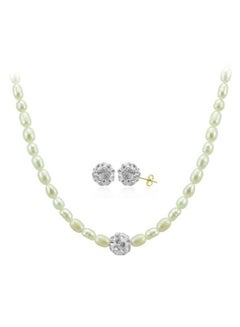 18 Karat Crystal Balls & Pearls Strand Necklace And Earrings Set