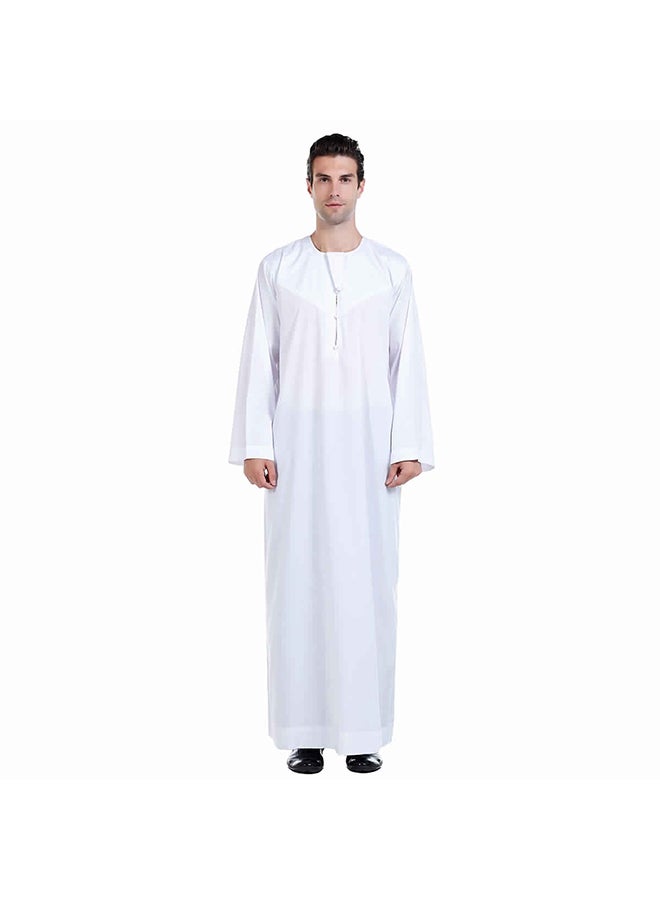 Hanyimidoo - Men's National Costume Robe Casual Wear Round Neck Long Sleeve Loose 100% Polyester Fiber White - Image 1