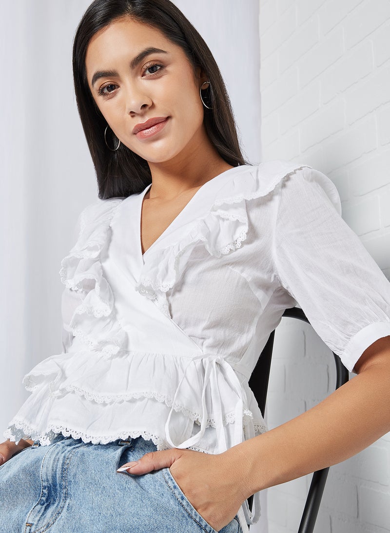 PIECES Ruffle Detailed Wrap Top Cloud Dancer  - Image 4