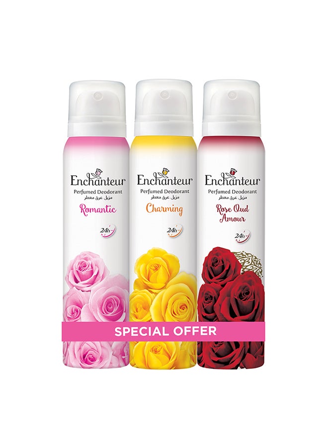 Enchanteur - Romantic Charming Rose Oud Amour Perfumed Deo Assorted 150ml Pack of 3 - Image 1
