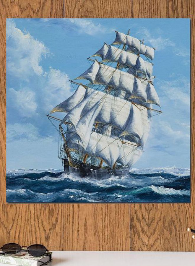 أتيك لوحة فنية من خشب MDF بطبعة سفينة أزرق/أبيض/أصفر 30x30سم  - Image 2