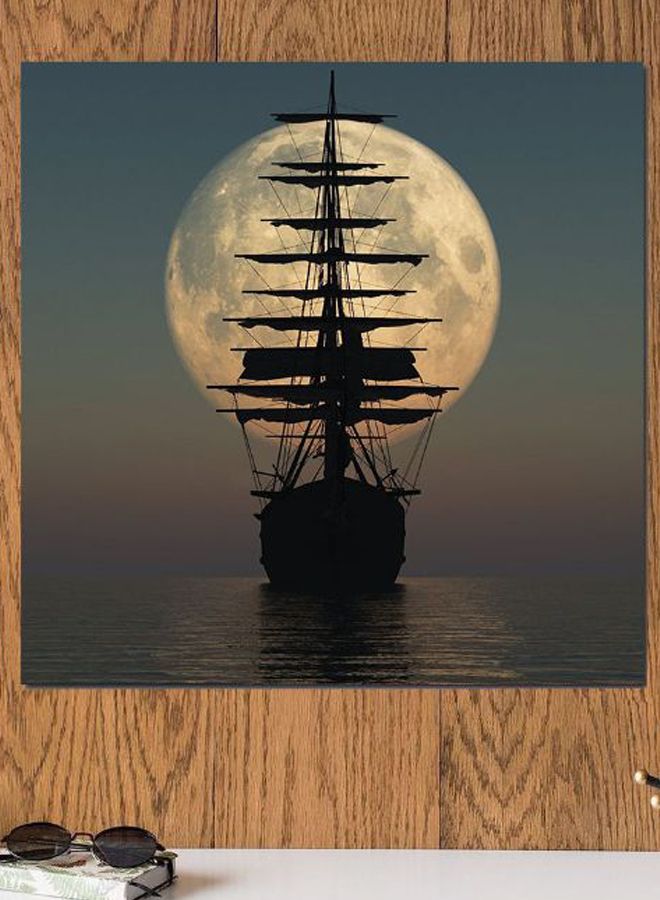أتيك لوحة فنية من خشب MDF لديكور الحائط بطبعة سفينة وقمر بالألوان الرمادي/الأزرق سماوي/الأسود 30x30سم - Image 2