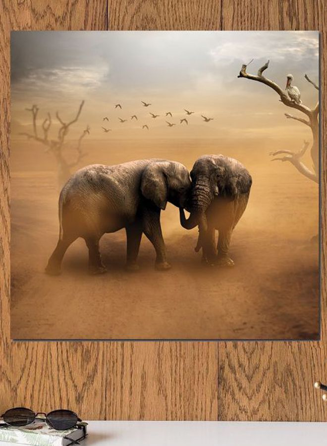 Atiq Elephant Themed Printed MDF Wall Art Beige/Gray/Black 30x30cm  - Image 2