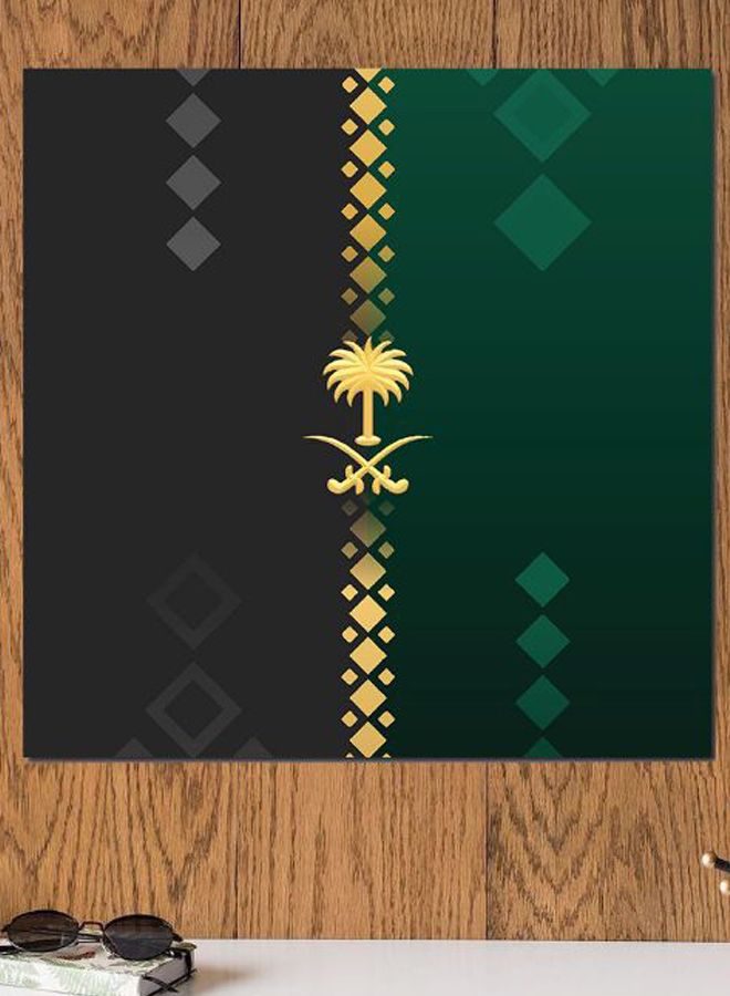 أتيك لوحة فنية لديكور الحائط بطبعة شعار المملكة العربية السعودية أسود/ أخضر/ ذهبي 30x30سم - Image 2