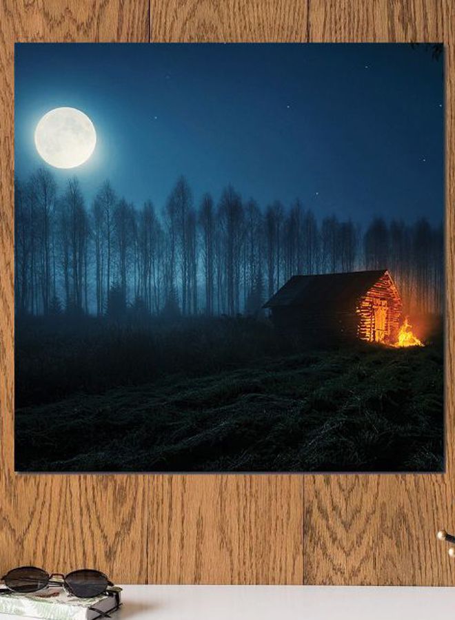 Atiq Hut - Full Moon Themed Wall Art Black/White/Blue 30x30cm  - Image 2