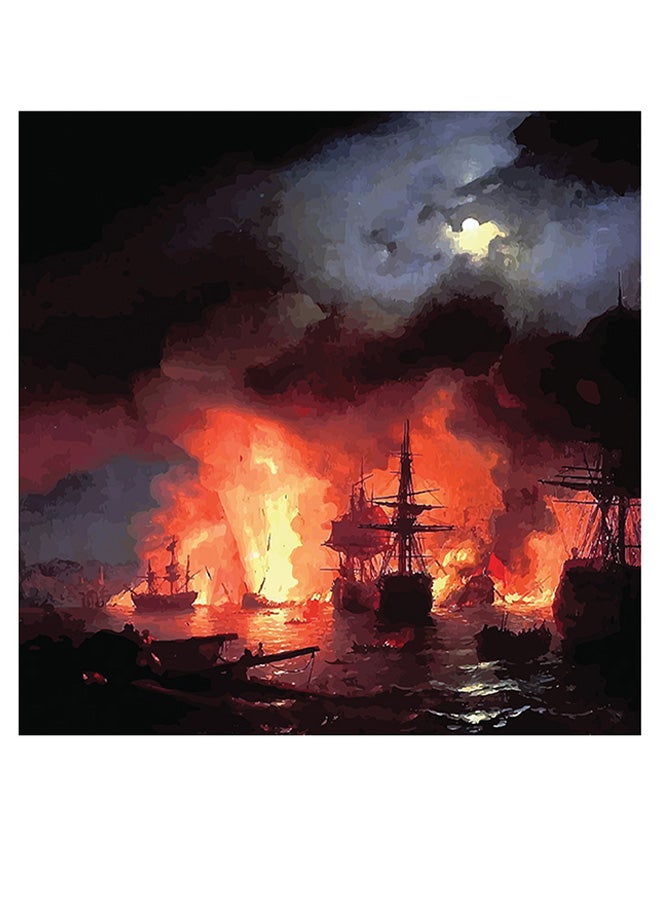 أتيك لوحة فنية بتصميم معركة بحرية برتقالي/أسود/أصفر 30x30سم - Image 1