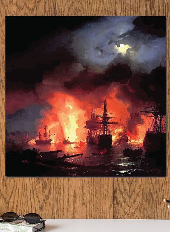 أتيك لوحة فنية بتصميم معركة بحرية برتقالي/أسود/أصفر 30x30سم - Image 2