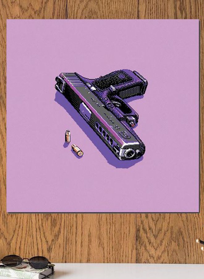 Pixel Art Gun Themed Wall Art Purple/Gold/Black 30x30cm