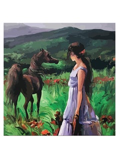 Woman And Horse Printed Wall Art Green/Brown/Blue 30x30cm