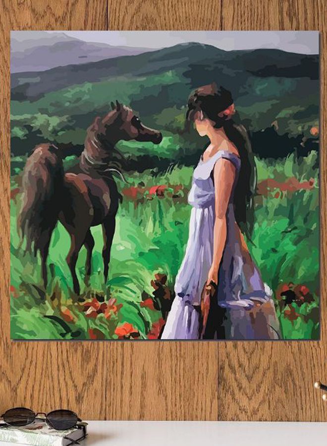 Atiq - Woman And Horse Printed Wall Art Green/Brown/Blue 30x30cm - Image 1