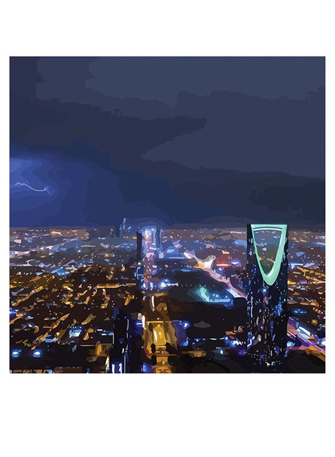 أتيك لوحة فنية تصور مدينة الرياض أزرق/أصفر/أخضر 30x30سم - Image 1