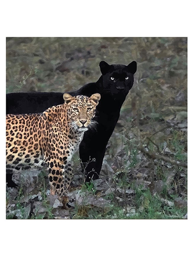 Atiq Leopard And Jaguar Themed Wall Art Green/Black/Yellow 30x30cm - Image 1