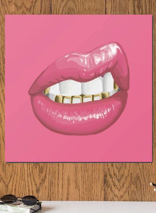 Atiq Lips Themed Wall Art Pink/White/Gold 30x30cm - Image 2