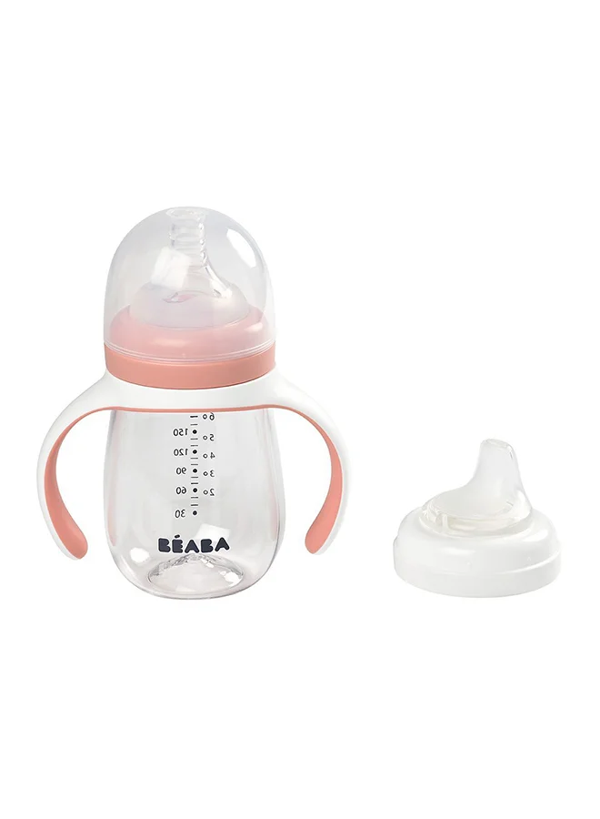 BEABA 2 In 1 Bottle To Sippy Learning Sippy Cup With Bottle And Soft Silicone Spout, 7 Oz (Rose)