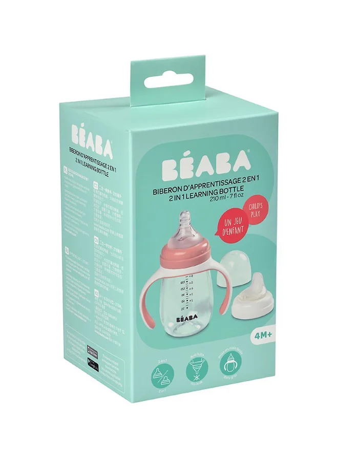BEABA 2 In 1 Bottle To Sippy Learning Sippy Cup With Bottle And Soft Silicone Spout, 7 Oz (Rose)