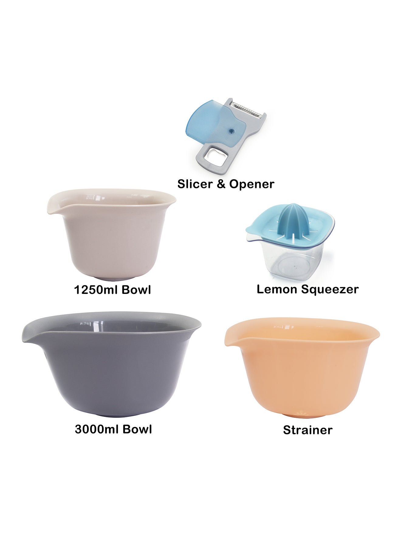 5 Piece Mixing Bowl - With Lemon Squeezer - Kitchen Accessories - Kitchen Tools - Light Blue/Grey 