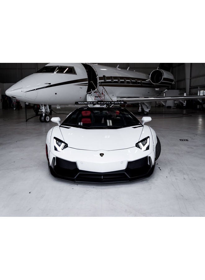 فاست برينت ملصق جداري بتصميم سيارة لامبورجيني أفينتادور. أبيض/أسود/أحمر 140x105سم