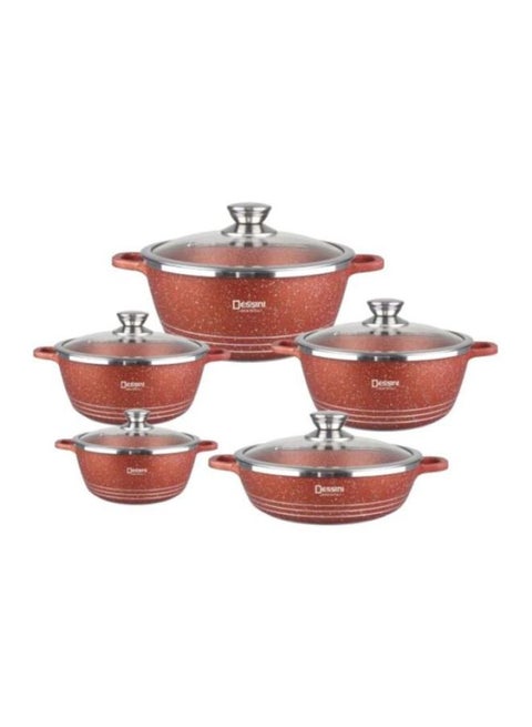 10-Piece Granite Cookware Set Red 32/28/24cm