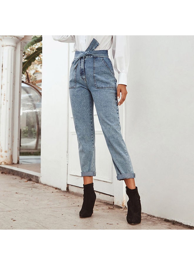 Straight Tied Knot High Waist Denim Pants Blue - Image 1