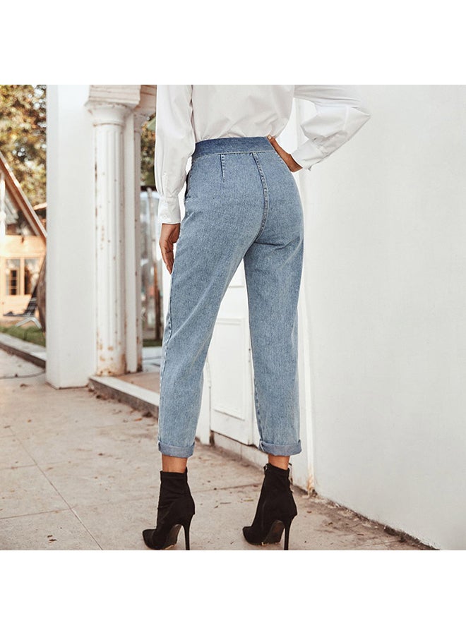 Straight Tied Knot High Waist Denim Pants Blue - Image 2