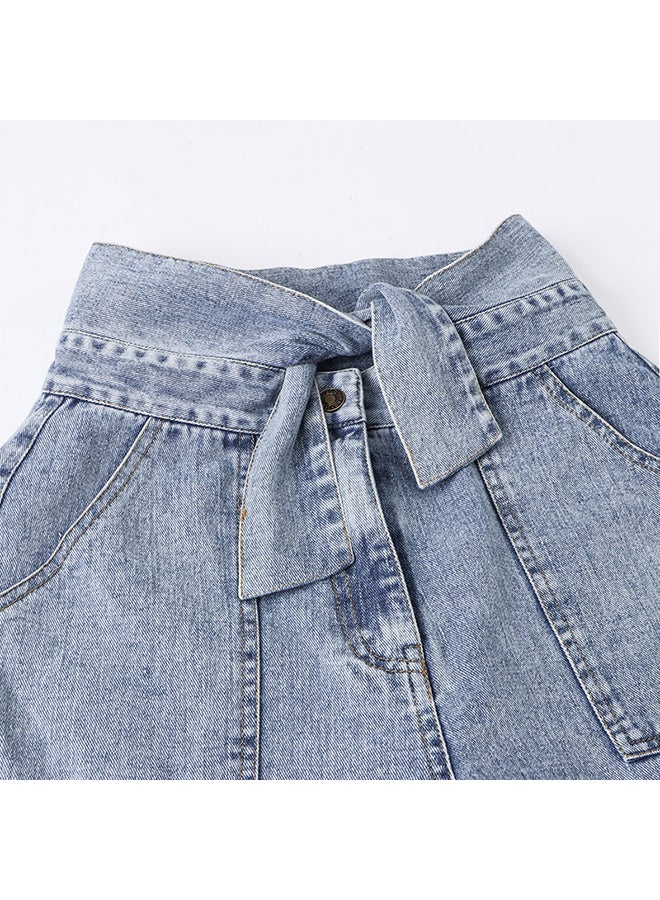 Straight Tied Knot High Waist Denim Pants Blue - Image 5