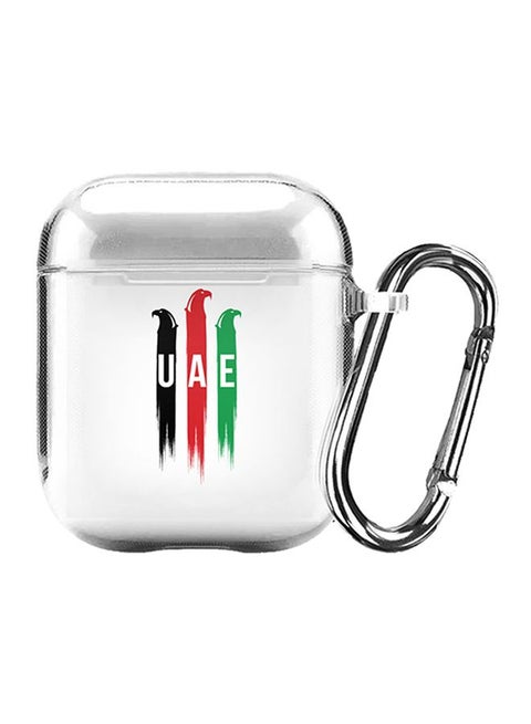 Classic Series UAE Falcons Printed Case With Carabiner For Apple AirPods 2/1 Clear/White/Red