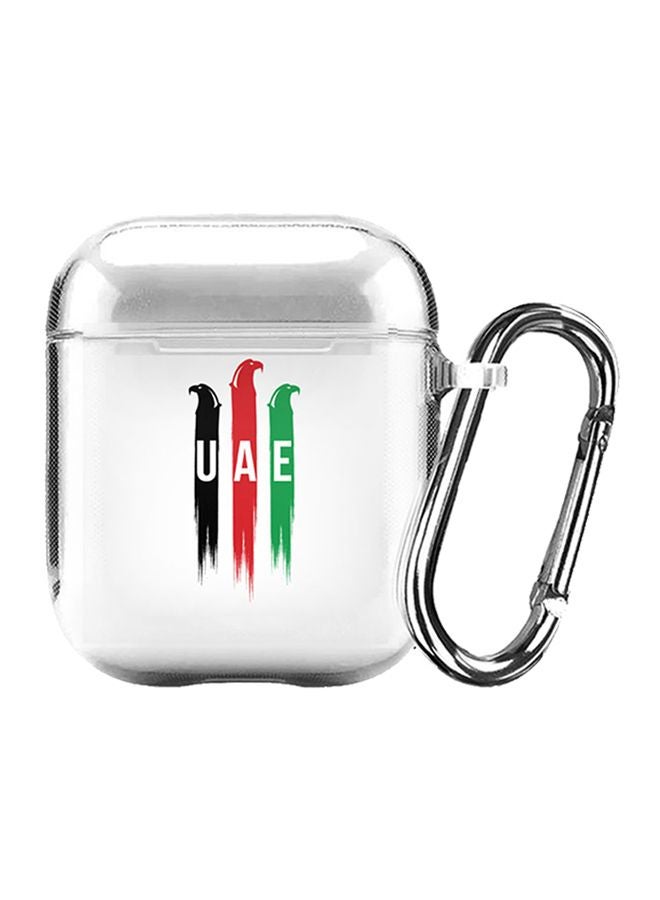 Classic Series UAE Falcons Printed Case With Carabiner For Apple AirPods 2/1 Clear/White/Red