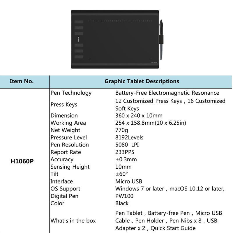 HUION H1060P Graphic Drawing Tablet Black  - Image 5