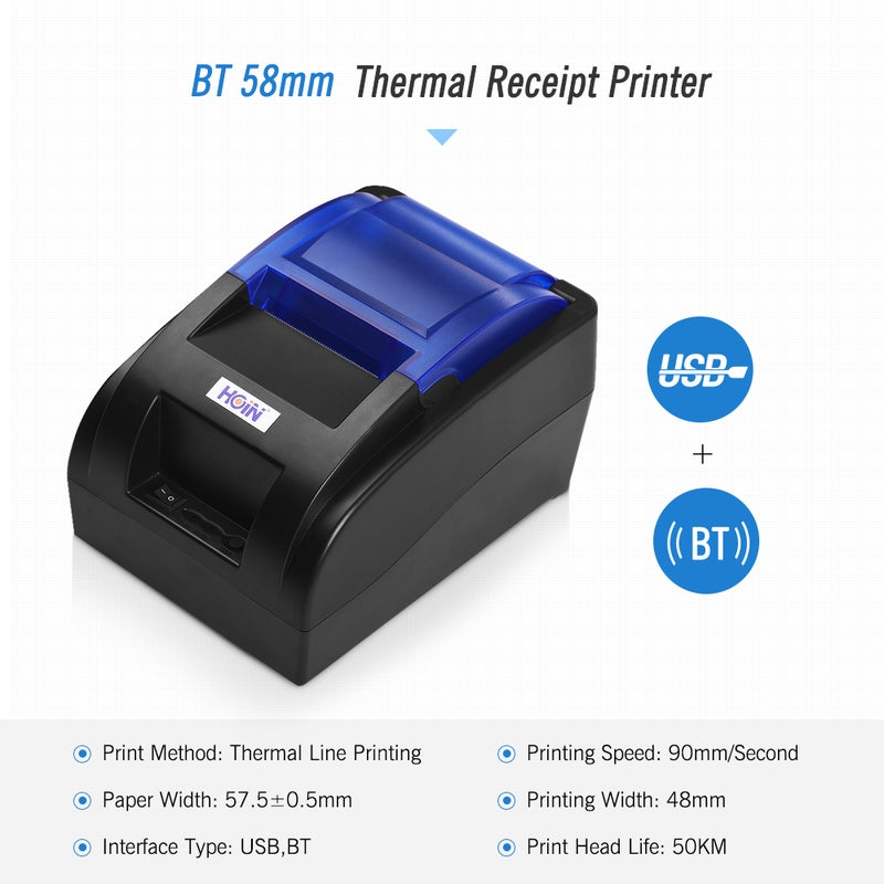 HOIN - HD Portable Wireless Bluetooth USB Ethernet Interface Thermal Receipt Printer With Auto Cutter 5.8cm Black - Image 1