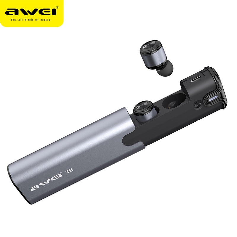 Awei T8 TWS Binaural Wireless Earbuds With Charging Case Grey - Image 1