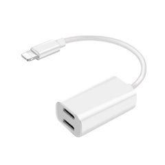Lightning Dual Audio AUX Charging Adapter With Dual Lightning Ports White