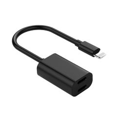 Lightning Dual Audio AUX Charging Adapter With Dual Lightning Ports Black
