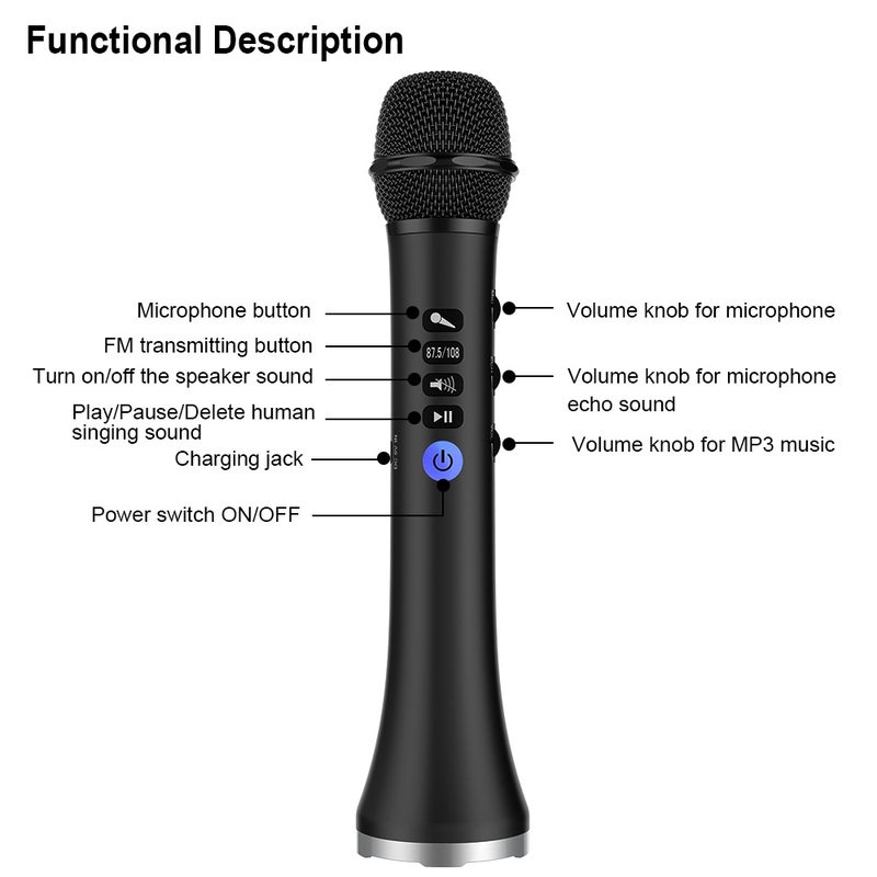 2 in 1 Karaoke Wireless Bluetooth Handheld Microphone Black