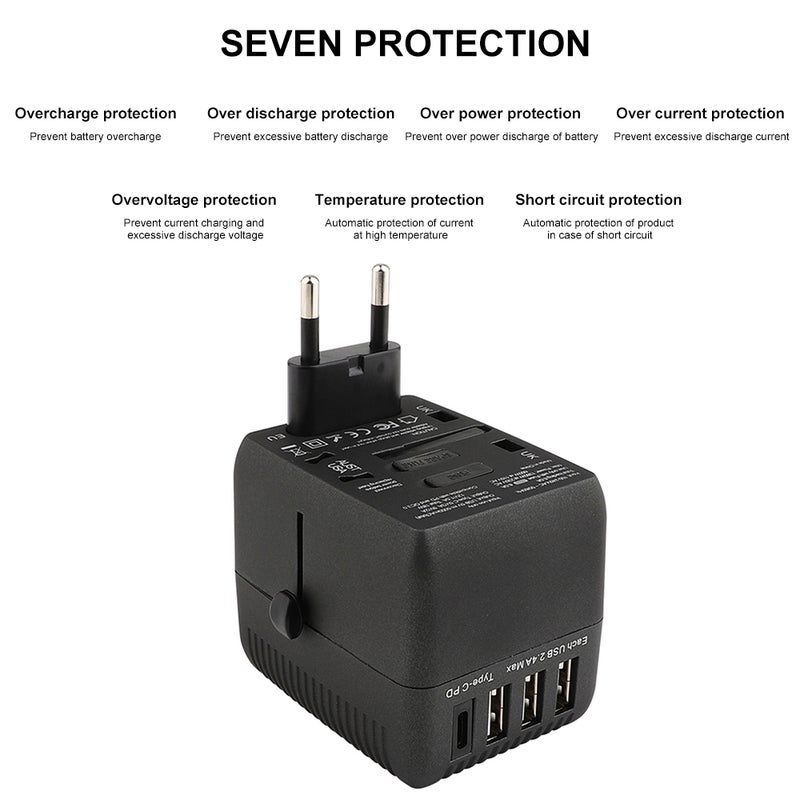 محول شامل للسفر وشاحن جداري شامل لجميع أجهزة الهاتف أسود - Image 2