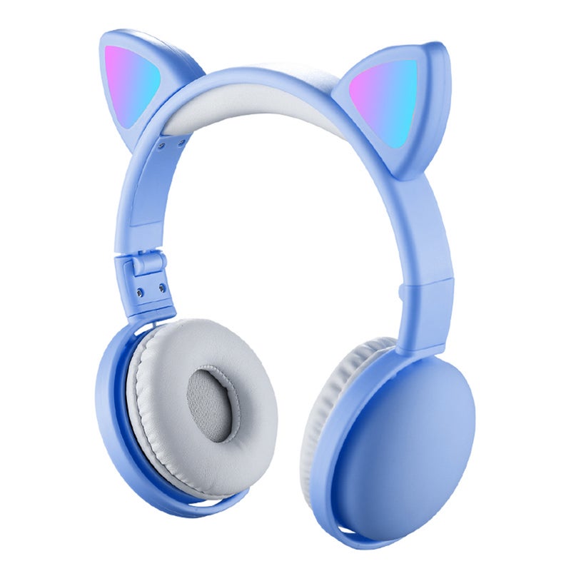 LED Cat Ear Wireless On-Ear Earphones Blue - Image 1