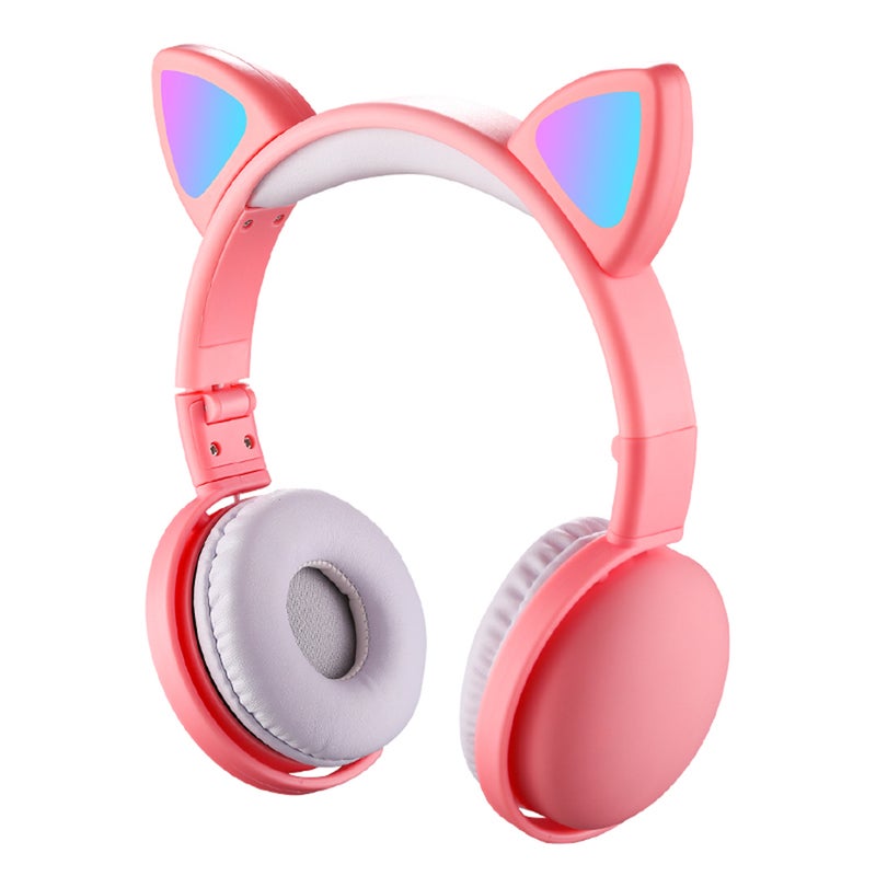LED Cat Ear Wireless On-Ear Earphones Pink - Image 1