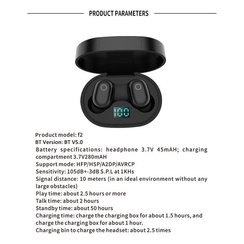 Generic - TWS-F2 Sports Wireless In-Ear Earbuds With Case Black - Image 1