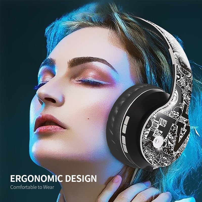 EL-B1 Over-Ear Wireless Folding Graffiti Stereo Headphones Black/Gold - Image 3