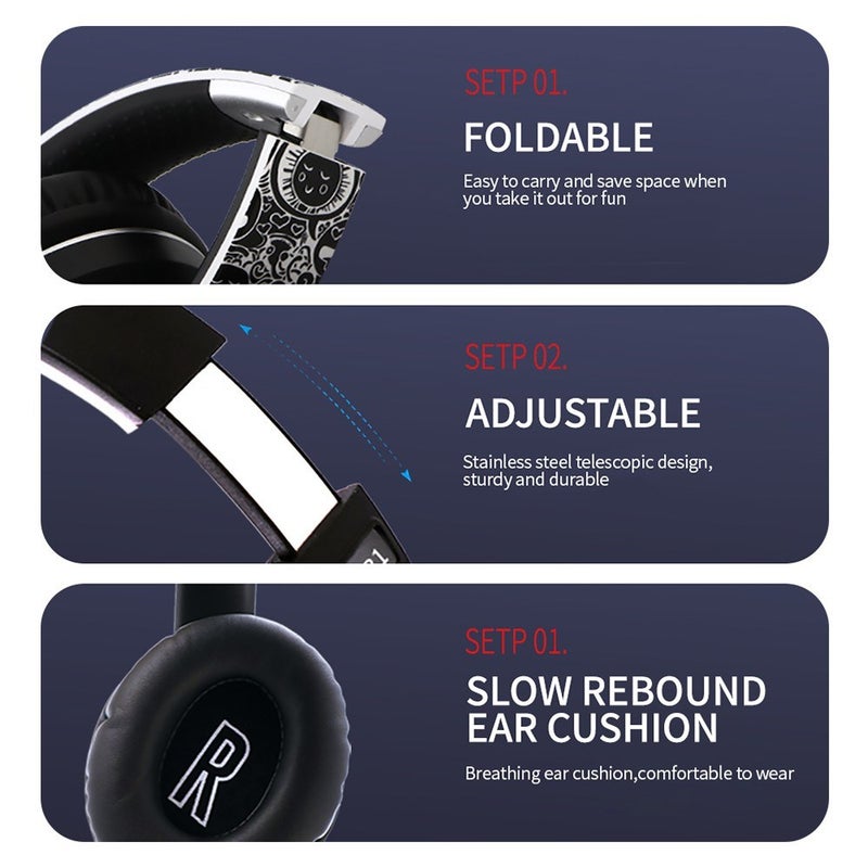 EL-B1 Over-Ear Wireless Folding Graffiti Stereo Headphones Black/Gold - Image 5