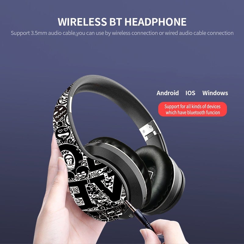 EL-B1 Over-Ear Wireless Folding Graffiti Stereo Headphones Black/Gold - Image 4