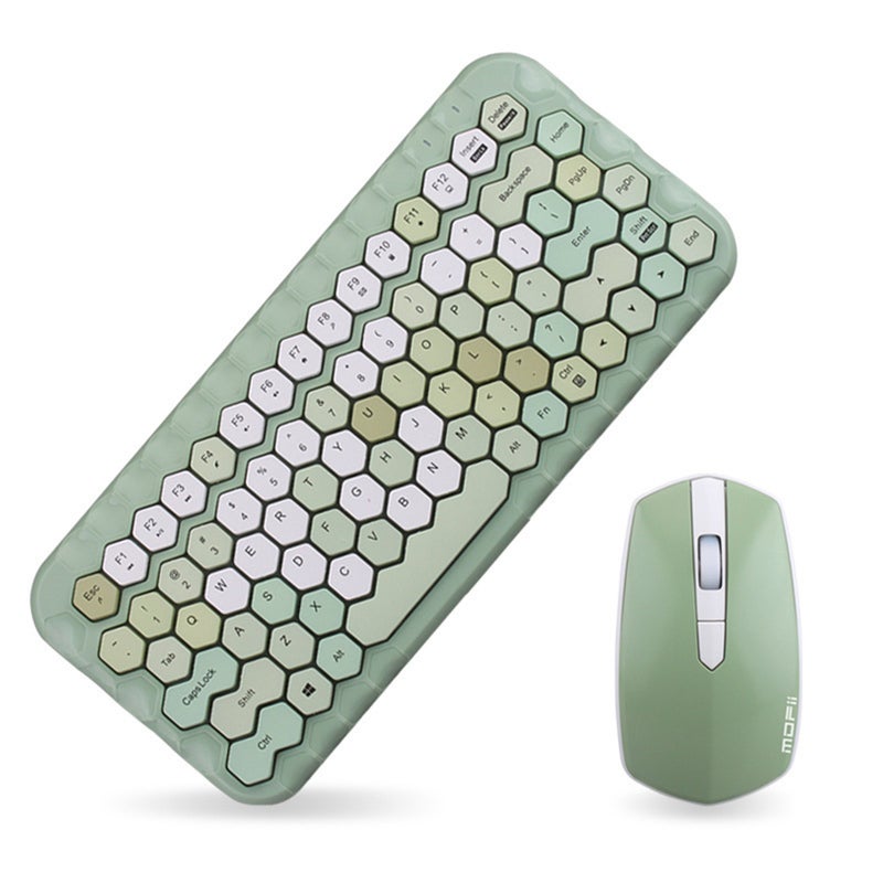 Cordless Mechanical Round Cap Desktop Keyboard And Mouse Set Green  - Image 1