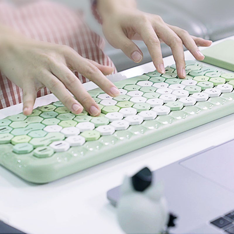 Cordless Mechanical Round Cap Desktop Keyboard And Mouse Set Green  - Image 2