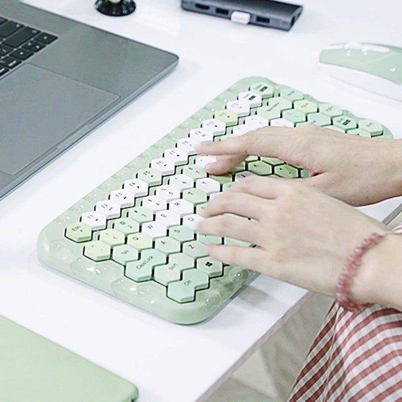 Cordless Mechanical Round Cap Desktop Keyboard And Mouse Set Green  - Image 4