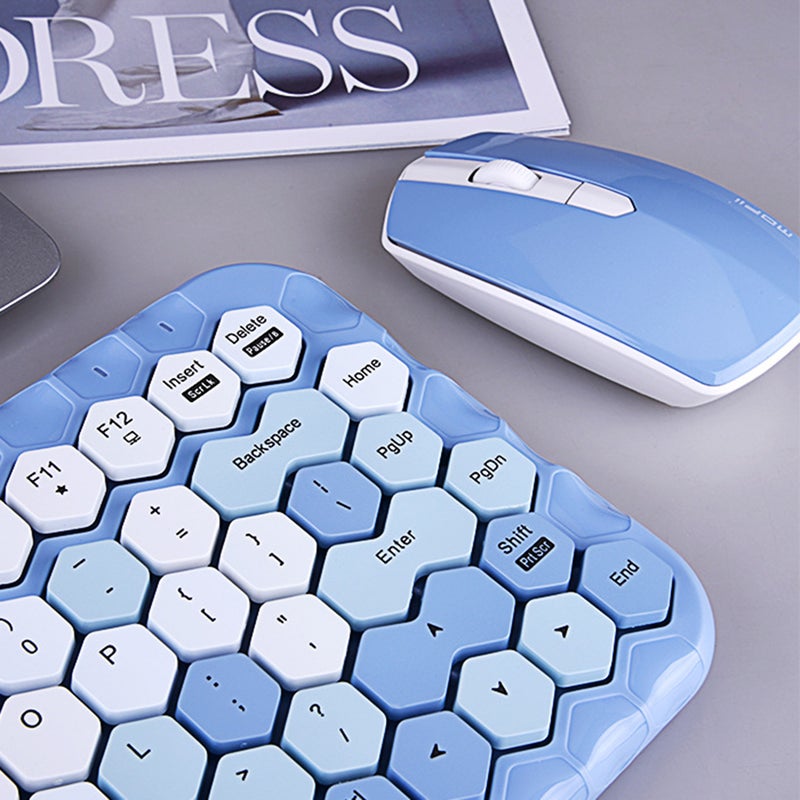 Cordless Mechanical Round Cap Desktop Keyboard And Mouse Set Blue  - Image 5