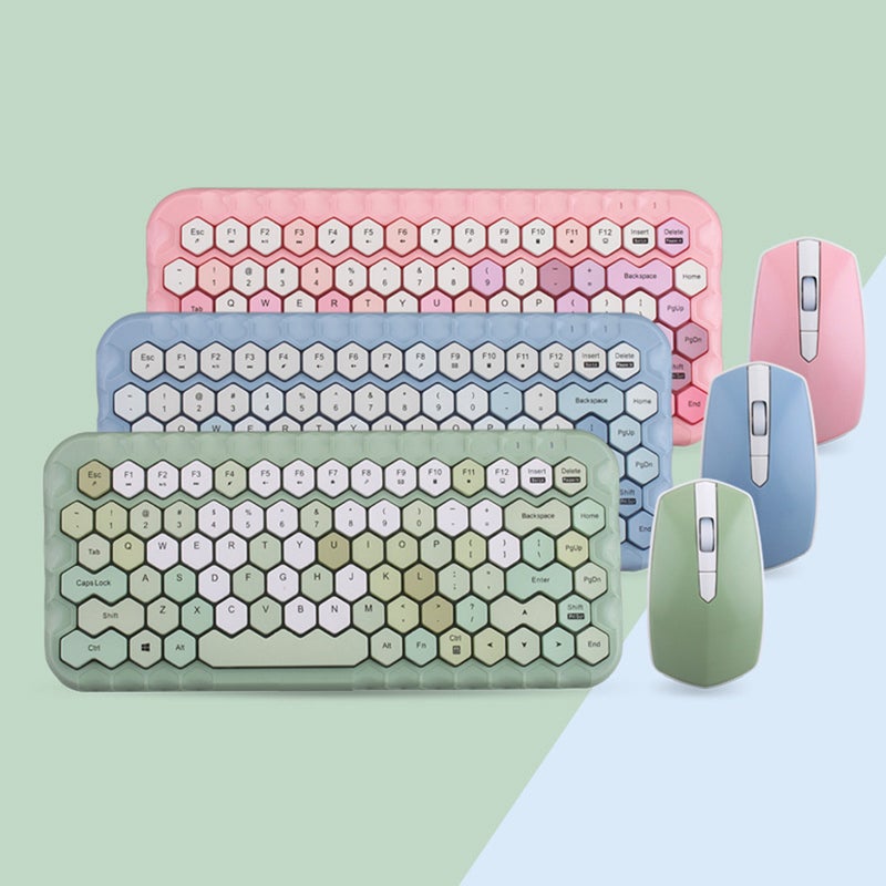 Cordless Mechanical Round Cap Desktop Keyboard And Mouse Set Pink  - Image 4