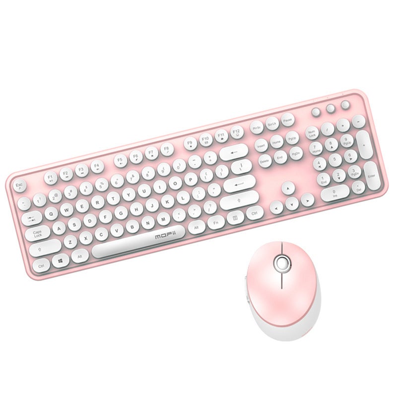 Cordless Mechanical Round Cap Desktop Keyboard And Mouse Set White/Pink  - Image 1